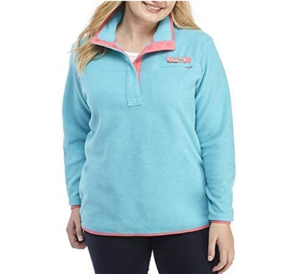 Columbia Teal/Coral Harborside Fleece Pullover Sweater Womens Large Snap Placket